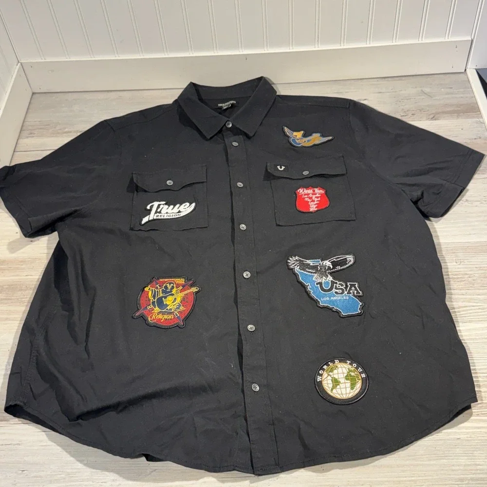 True Religion Work Wear Patch Men's Size 2XL Short Sleeve Button‎ Up RARE